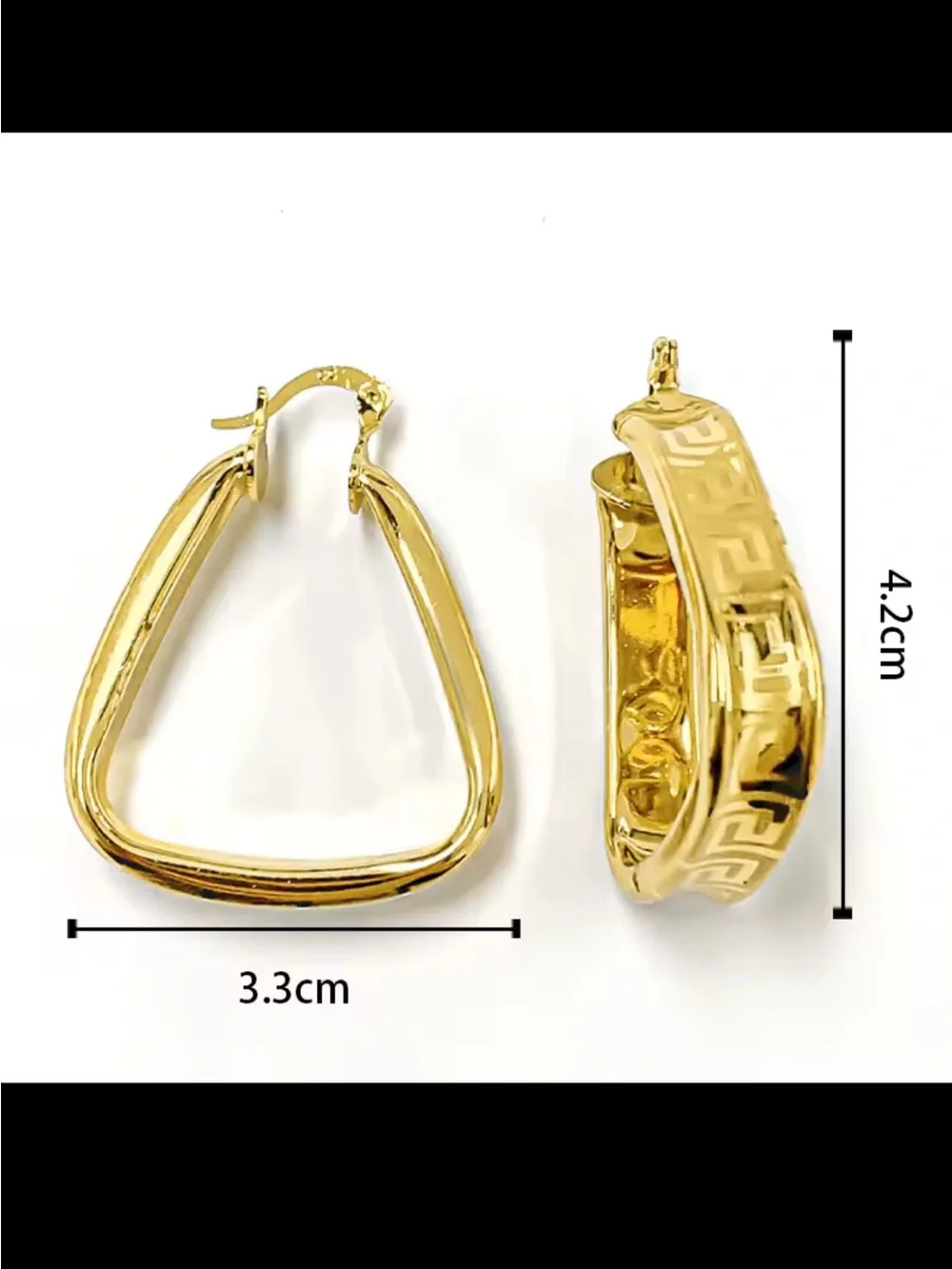 Gold Triangle Hoop Earrings with Greek Key Detail - Women's Jewelry